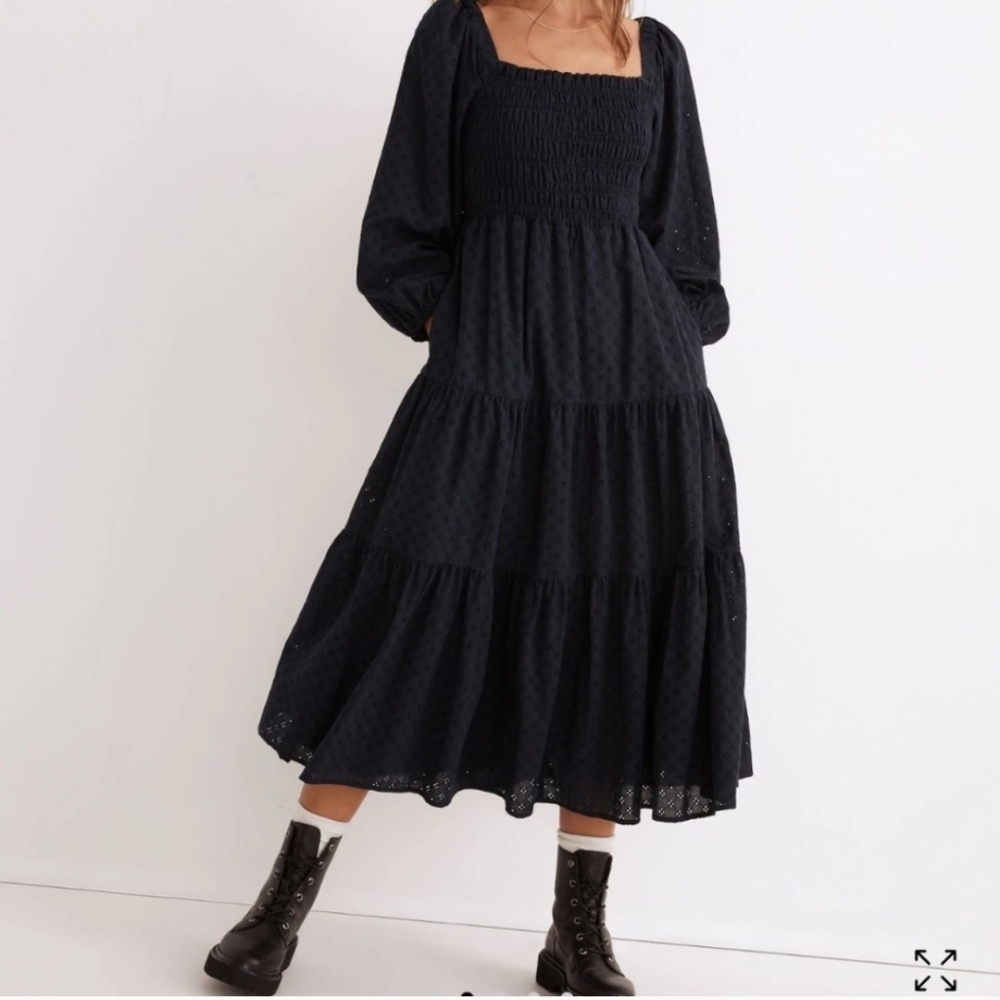 MADEWELL Lucie Navy Cutout Eyelet Smocked Peasant Midi Dress Women’s Small